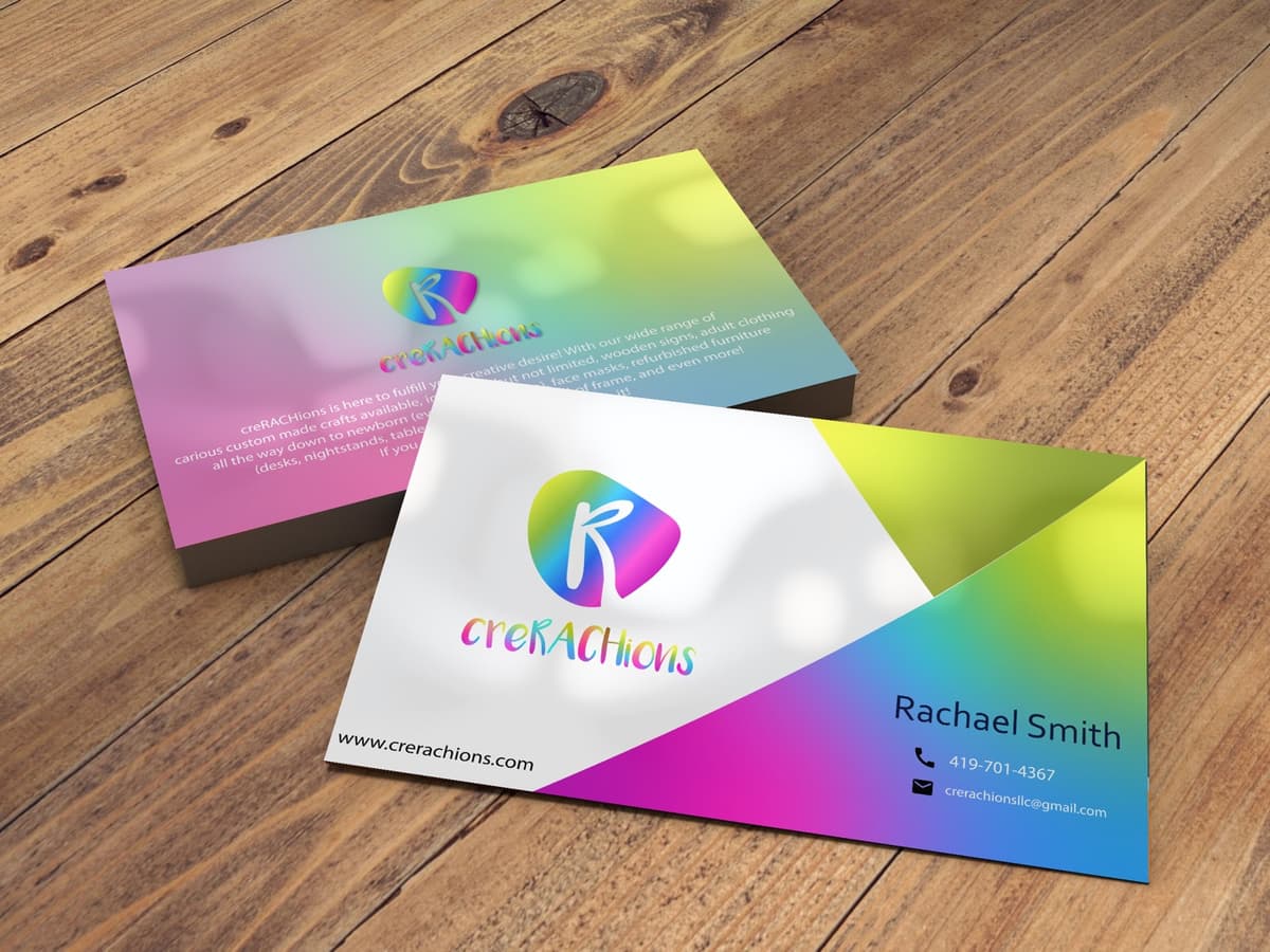 creRACHions business cards showing the rainbow brand identity